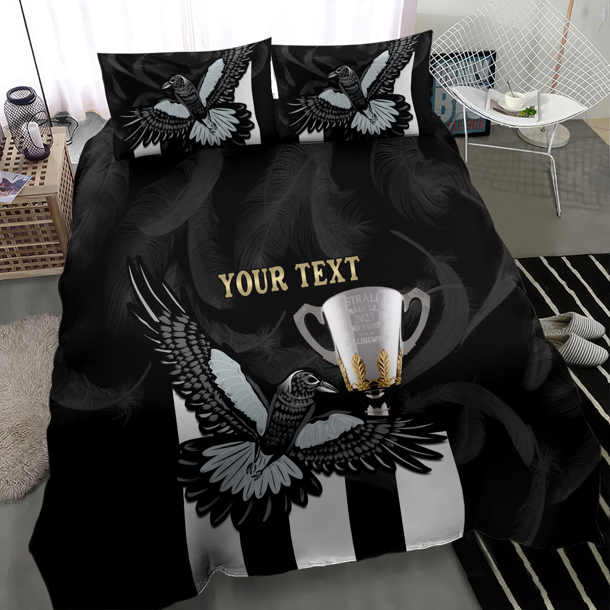 Personalised AFL Collingwood Bedding Set Magpies Premiers 2023 With Trophy Proud - Vibe Hoodie Shop