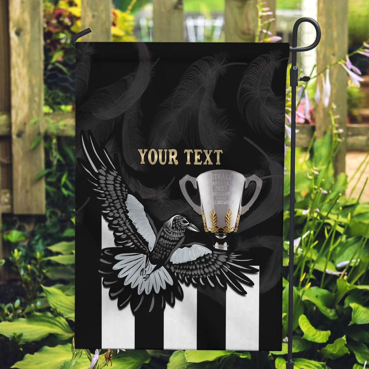 Personalised AFL Collingwood Garden Flag Magpies Premiers 2023 With Trophy Proud - Vibe Hoodie Shop