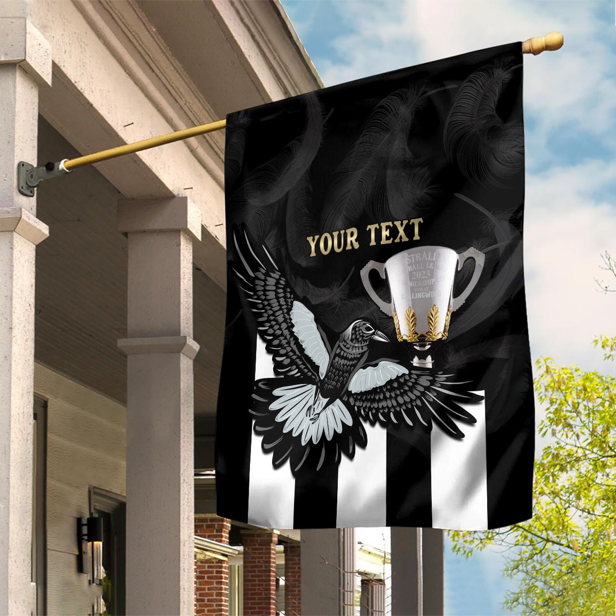 Personalised AFL Collingwood Garden Flag Magpies Premiers 2023 With Trophy Proud - Vibe Hoodie Shop