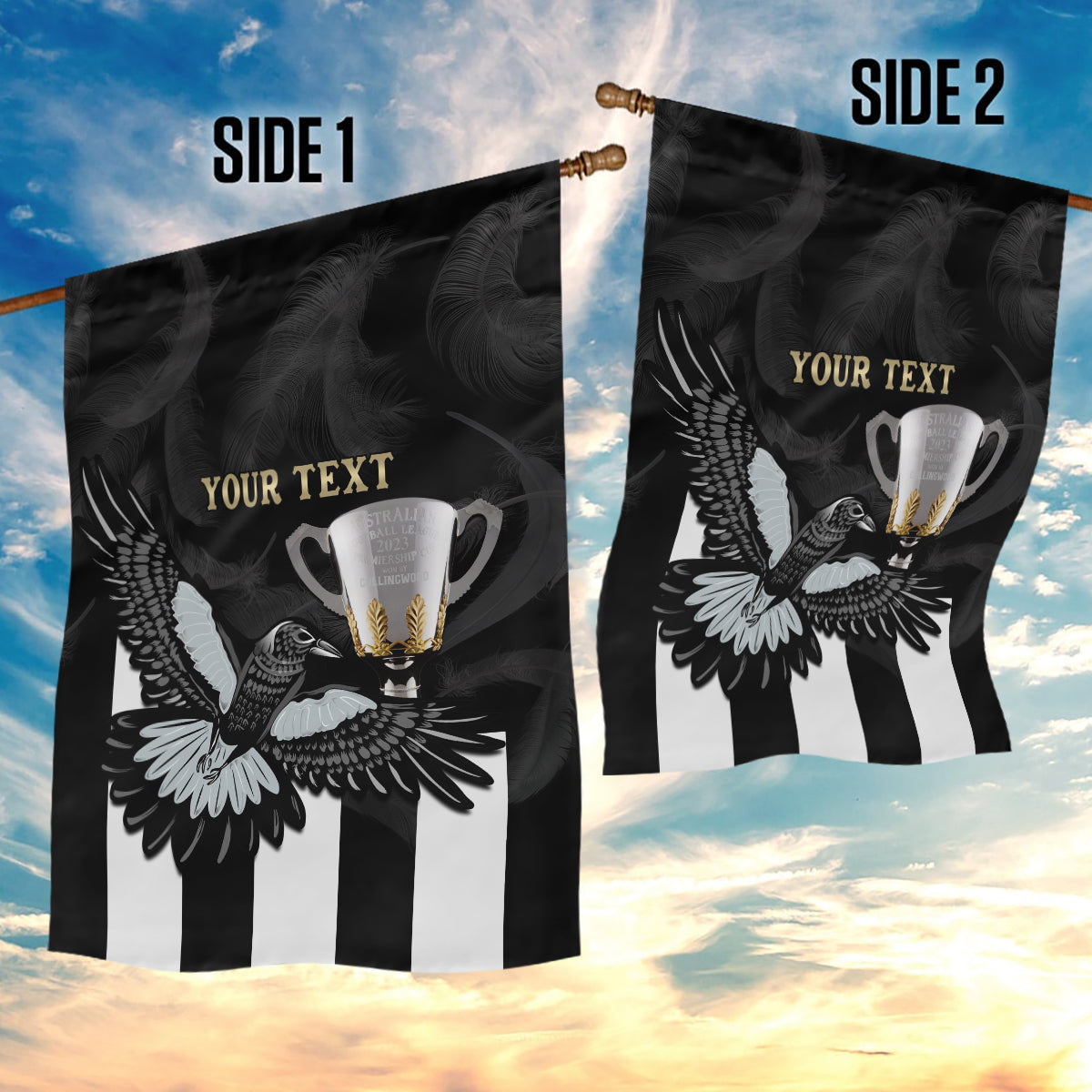 Personalised AFL Collingwood Garden Flag Magpies Premiers 2023 With Trophy Proud - Vibe Hoodie Shop