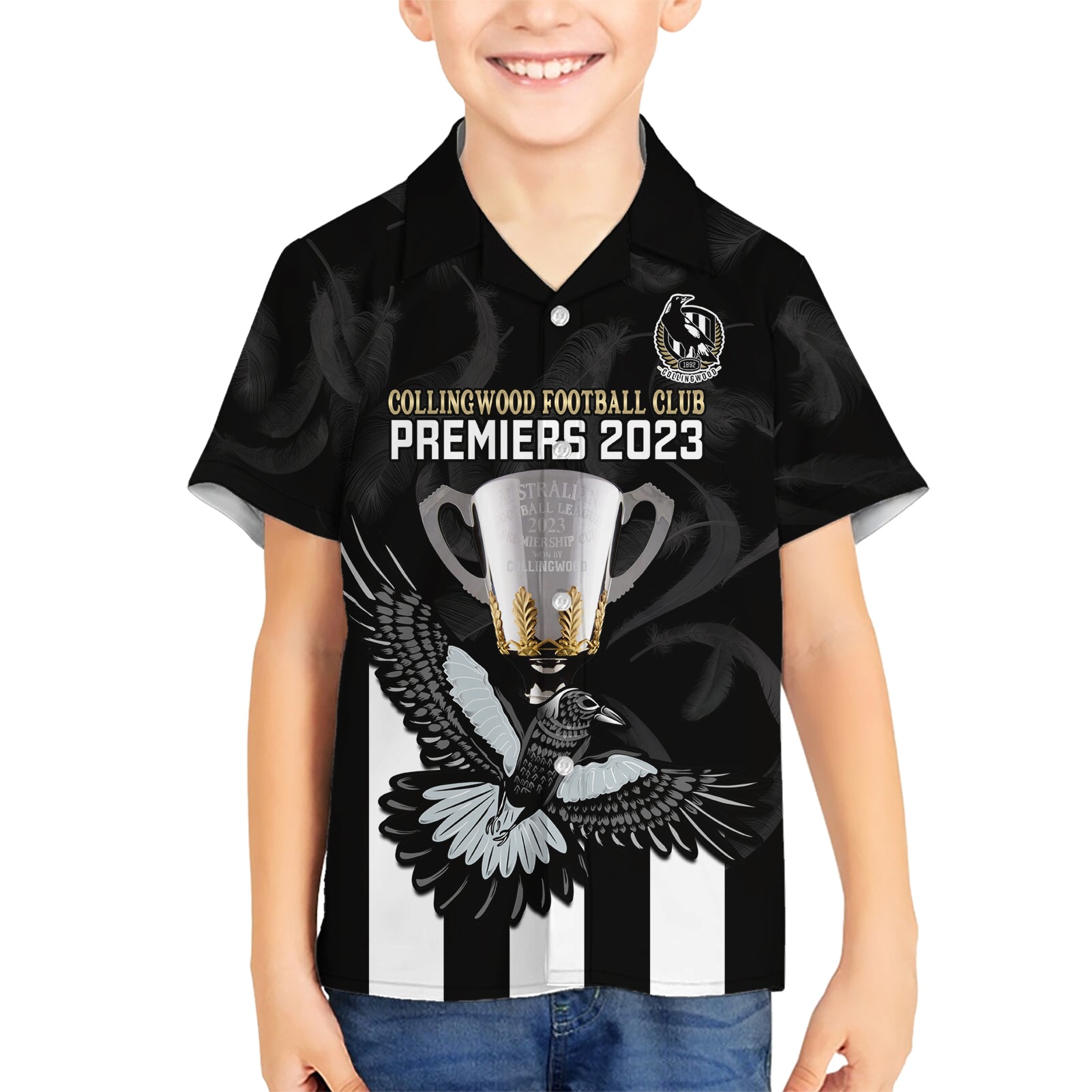 Personalised AFL Collingwood Hawaiian Shirt Magpies Premiers 2023 With Trophy Proud - Vibe Hoodie Shop