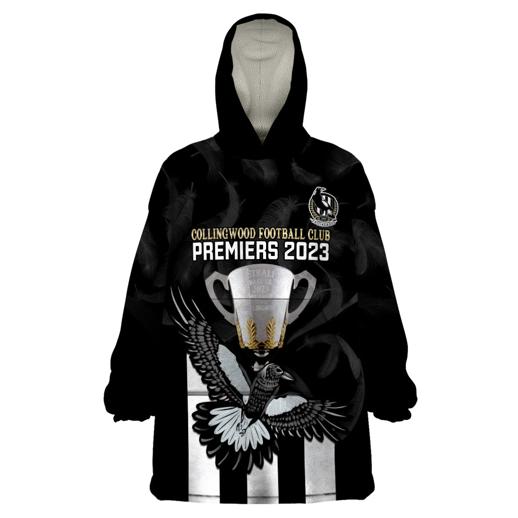 Personalised AFL Collingwood Wearable Blanket Hoodie Magpies Premiers 2023 With Trophy Proud - Vibe Hoodie Shop