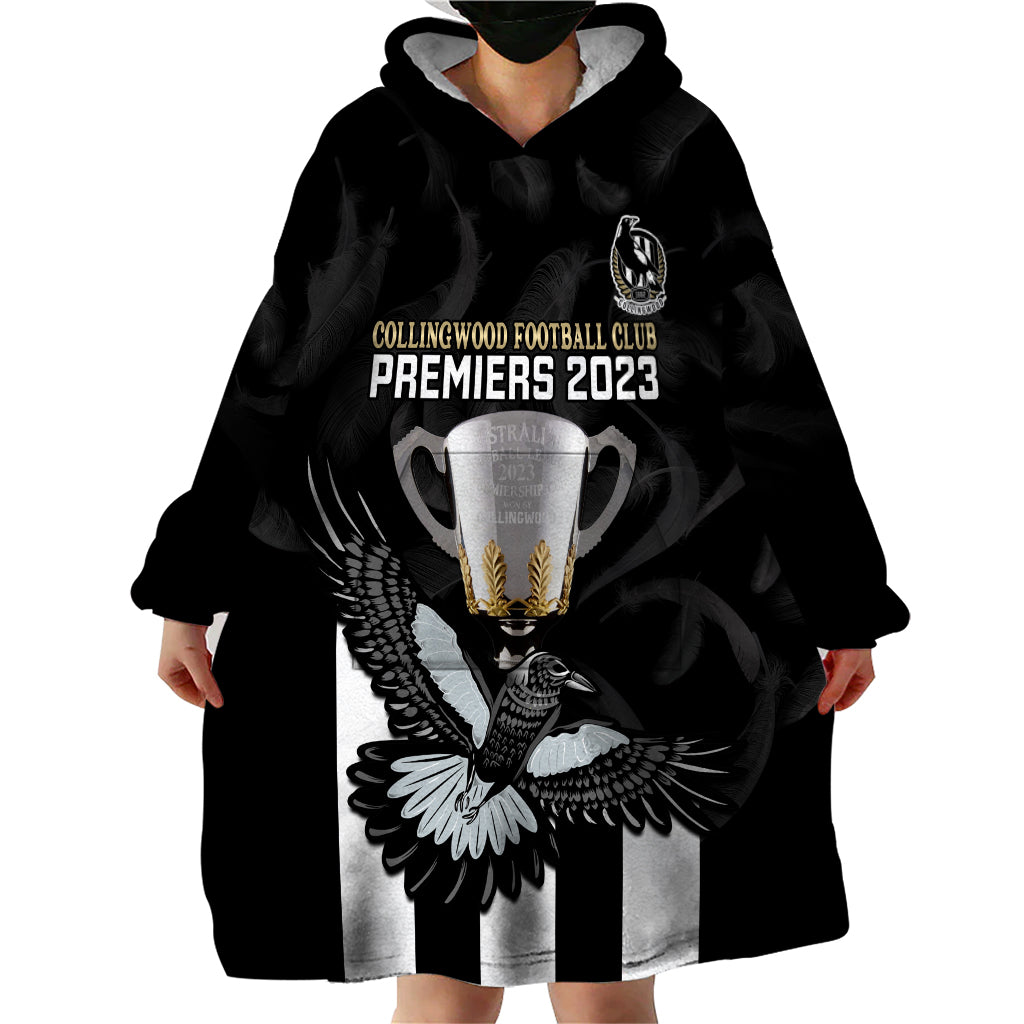 Personalised AFL Collingwood Wearable Blanket Hoodie Magpies Premiers 2023 With Trophy Proud - Vibe Hoodie Shop