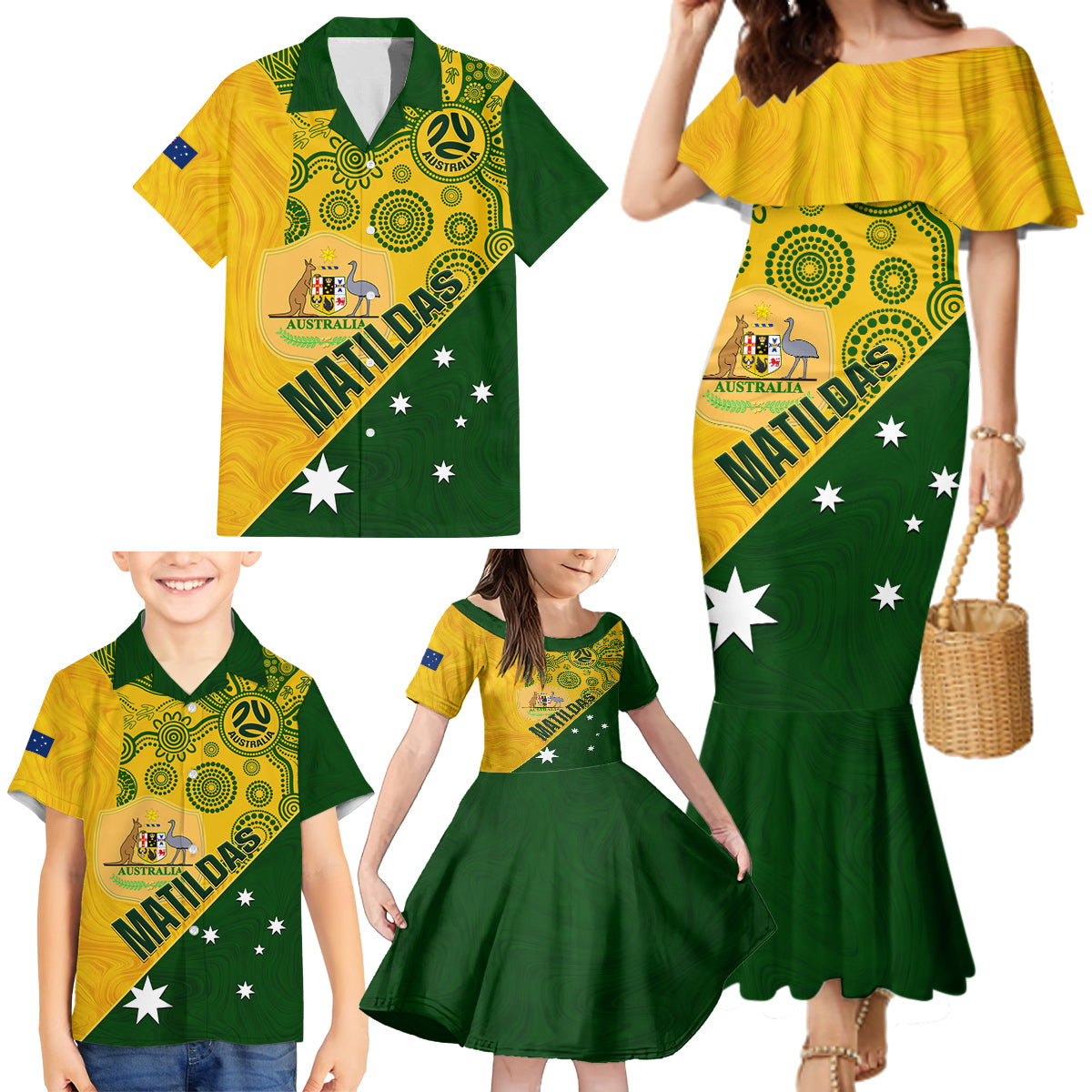 custom-matildas-soccer-family-matching-mermaid-dress-and-hawaiian-shirt-australian-indigenous-national-color