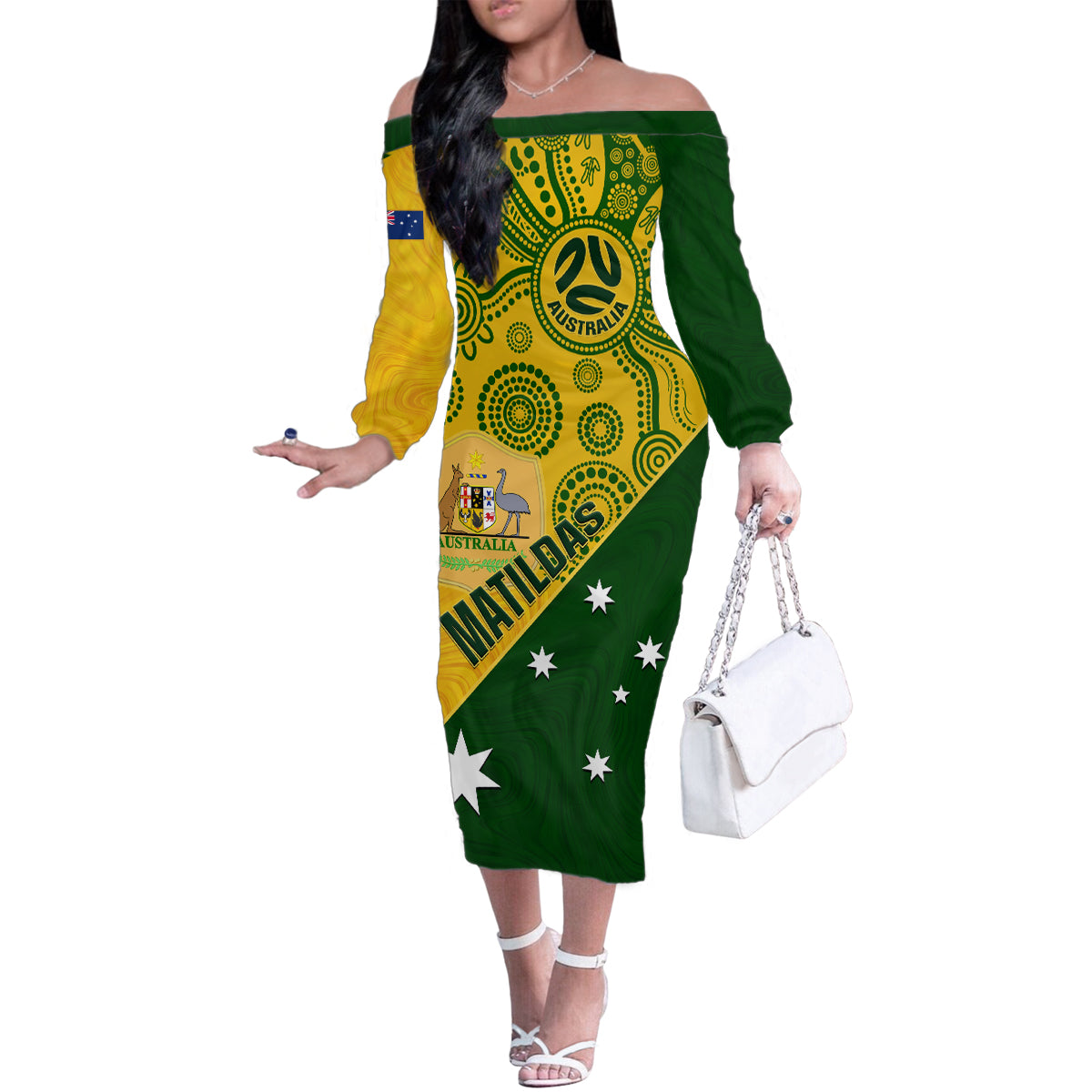 custom-matildas-soccer-family-matching-off-shoulder-long-sleeve-dress-and-hawaiian-shirt-australian-indigenous-national-color