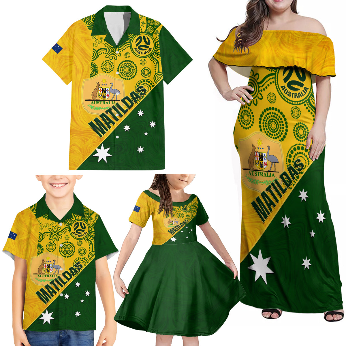 custom-matildas-soccer-family-matching-off-shoulder-maxi-dress-and-hawaiian-shirt-australian-indigenous-national-color