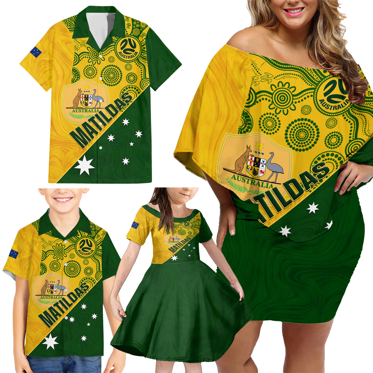 custom-matildas-soccer-family-matching-off-shoulder-short-dress-and-hawaiian-shirt-australian-indigenous-national-color