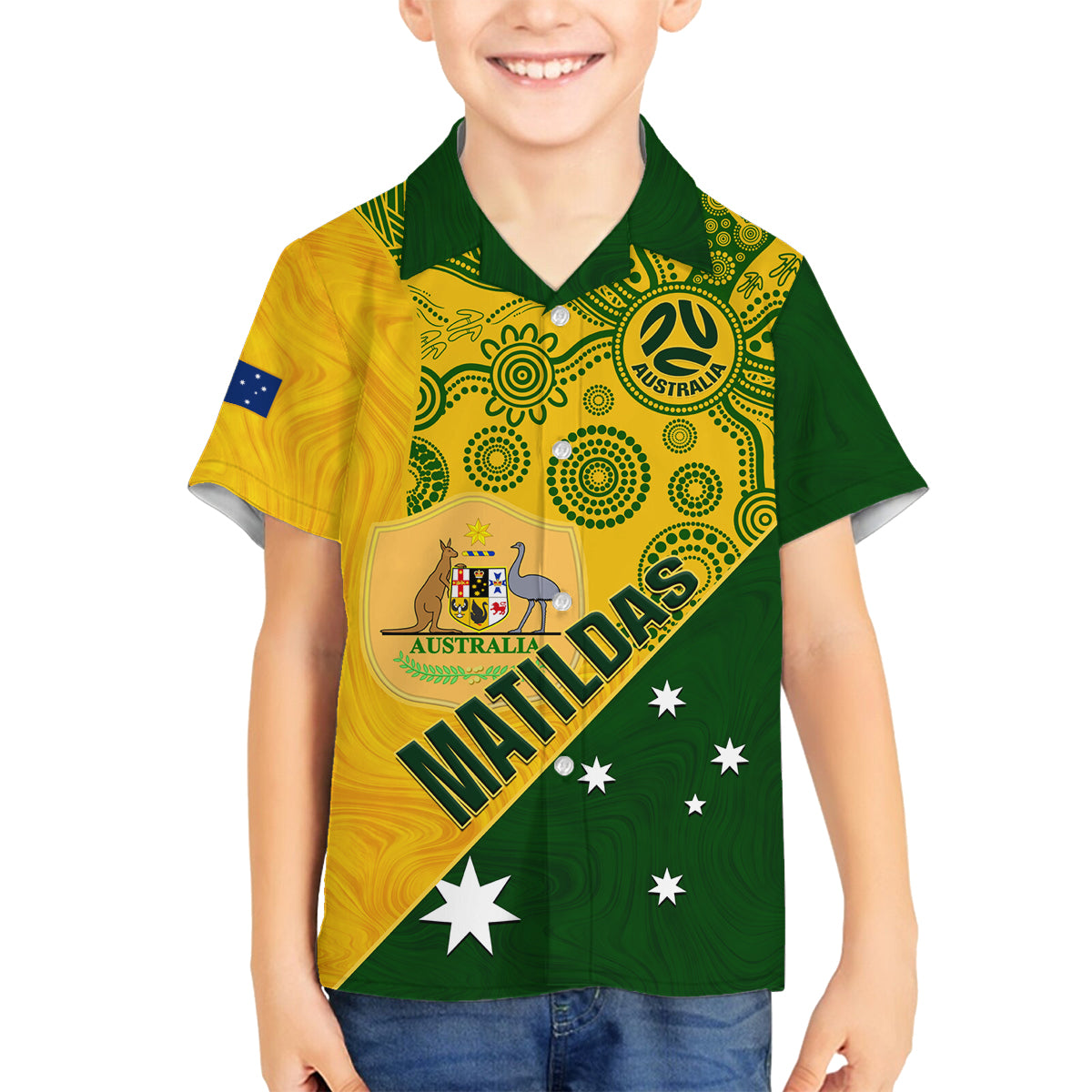 custom-matildas-soccer-family-matching-off-shoulder-short-dress-and-hawaiian-shirt-australian-indigenous-national-color