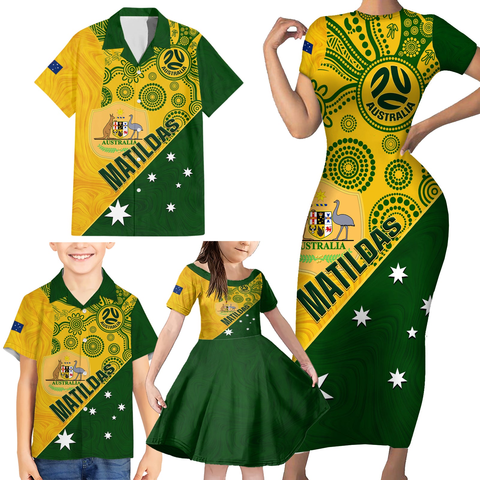 custom-matildas-soccer-family-matching-short-sleeve-bodycon-dress-and-hawaiian-shirt-australian-indigenous-national-color