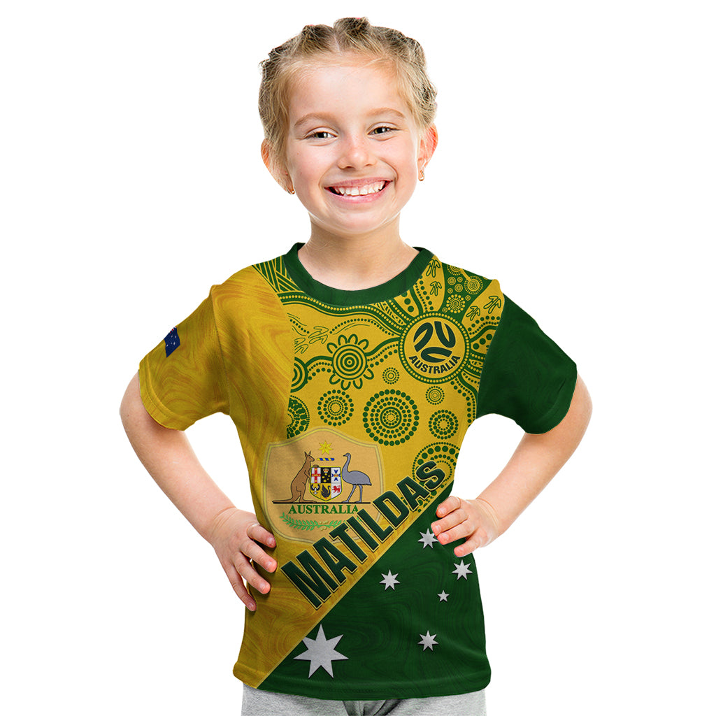 Custom Matildas Soccer Kid T Shirt Australian Indigenous National Color - Vibe Hoodie Shop