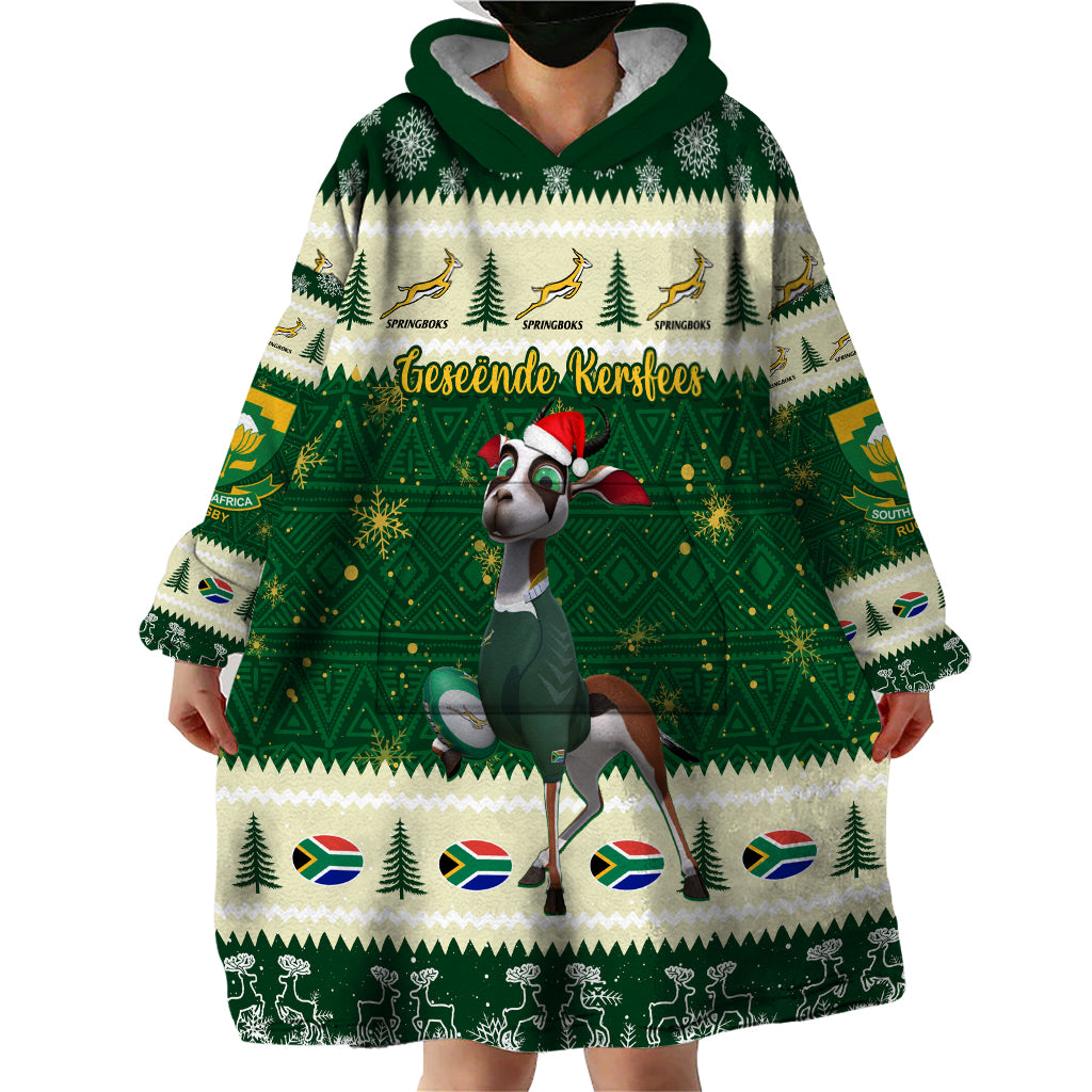 Custom South Africa Rugby Christmas Wearable Blanket Hoodie Geseende Kersfees Springboks African Pattern - Vibe Hoodie Shop