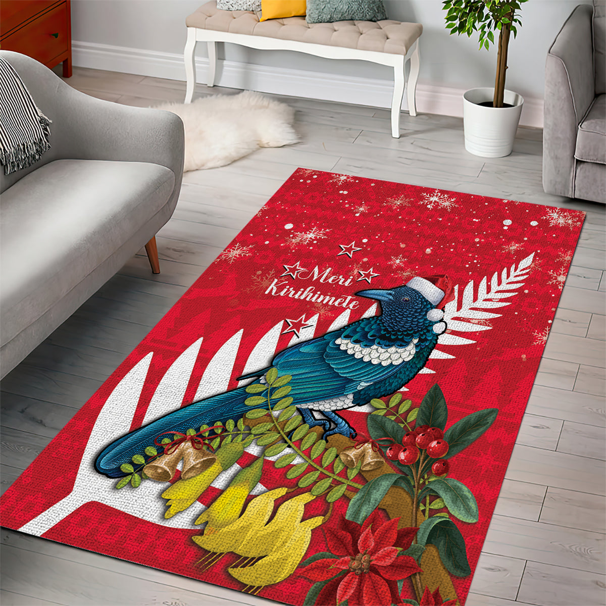 New Zealand Christmas In July Area Rug Tui Bird With Kowhai Meri Kirihimete - Vibe Hoodie Shop