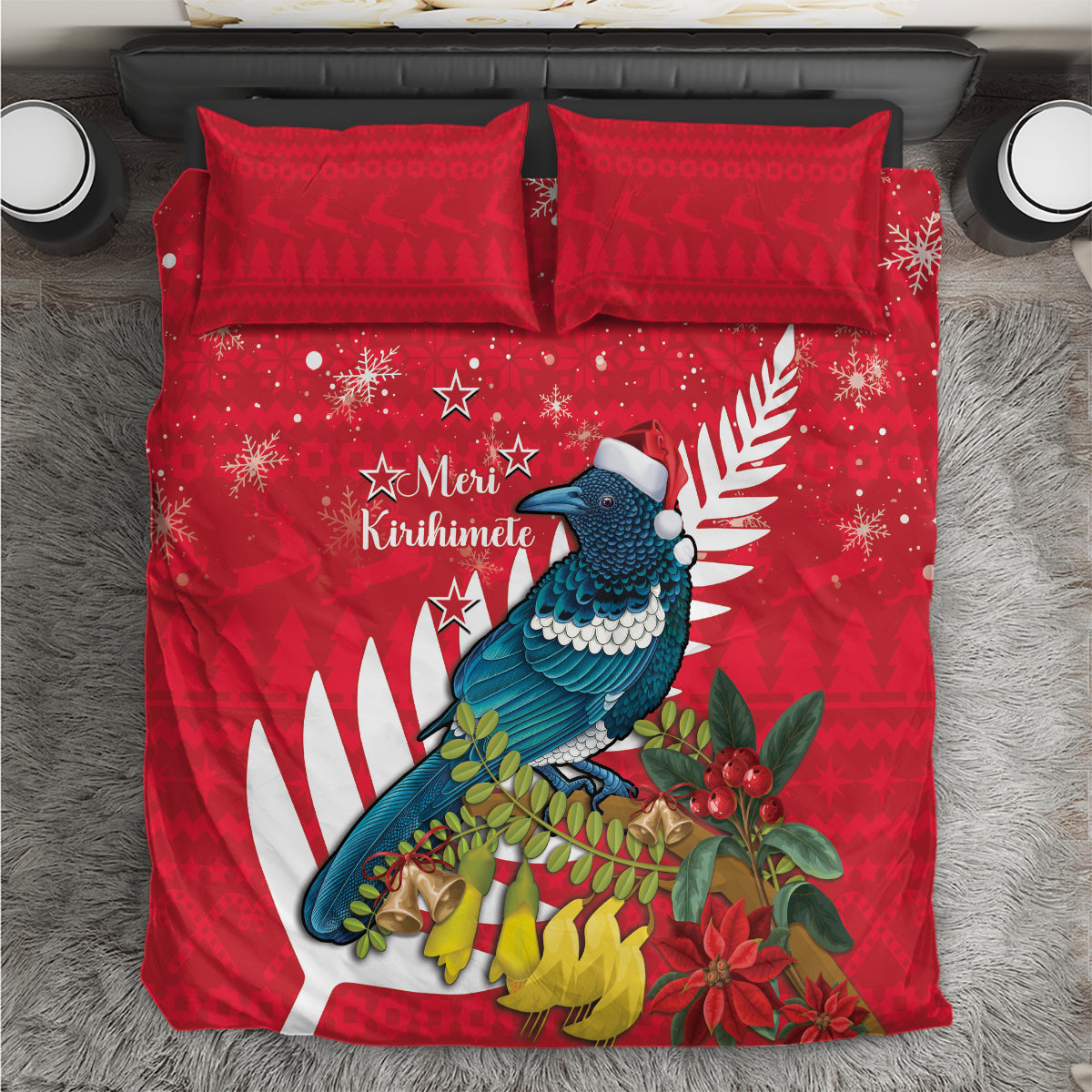 New Zealand Christmas In July Bedding Set Tui Bird With Kowhai Meri Kirihimete - Vibe Hoodie Shop