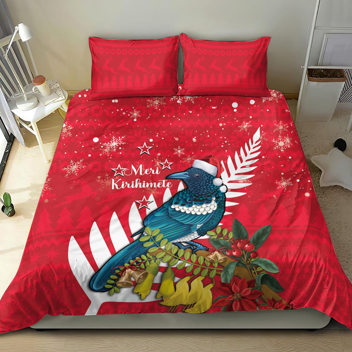 New Zealand Christmas In July Bedding Set Tui Bird With Kowhai Meri Kirihimete - Vibe Hoodie Shop