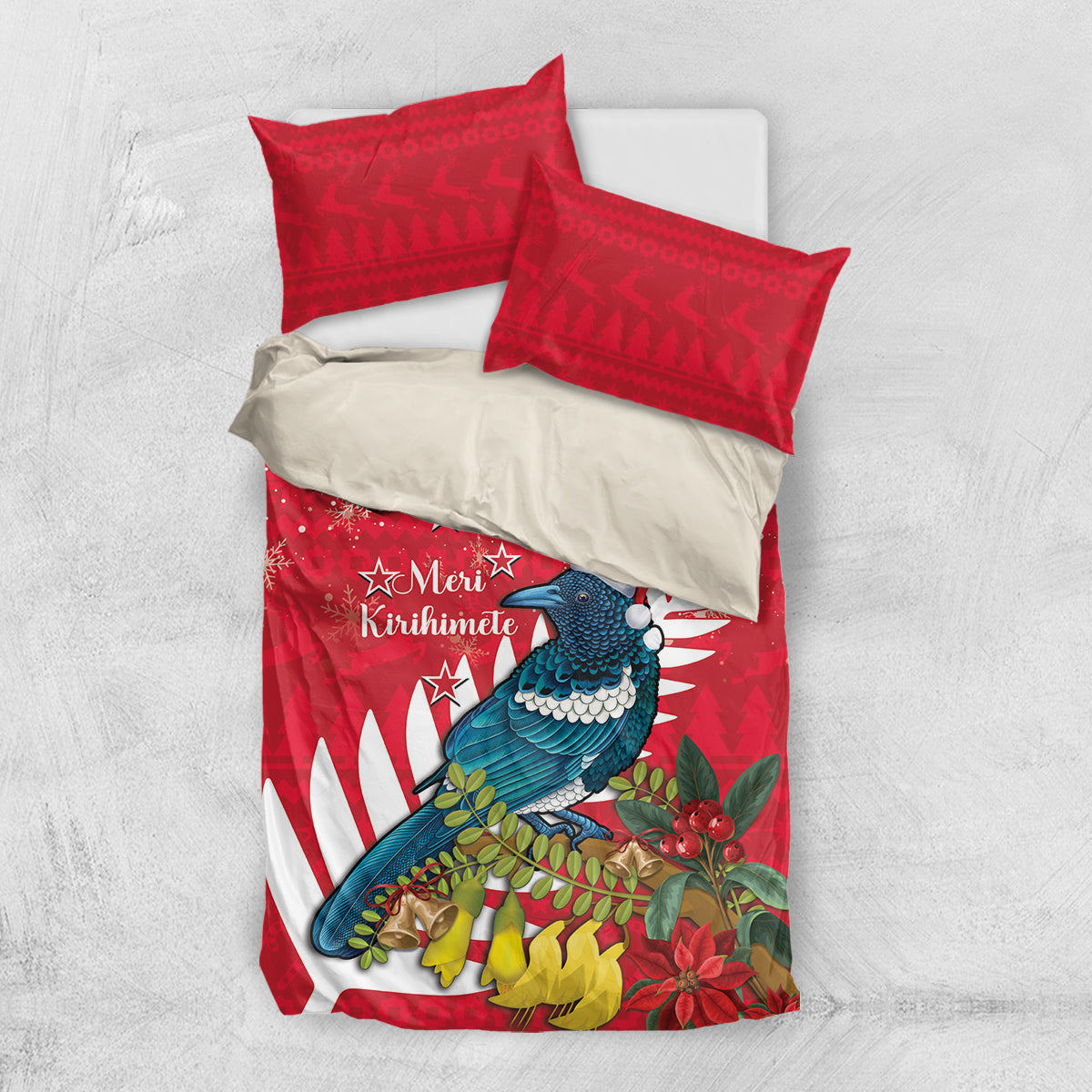 New Zealand Christmas In July Bedding Set Tui Bird With Kowhai Meri Kirihimete - Vibe Hoodie Shop