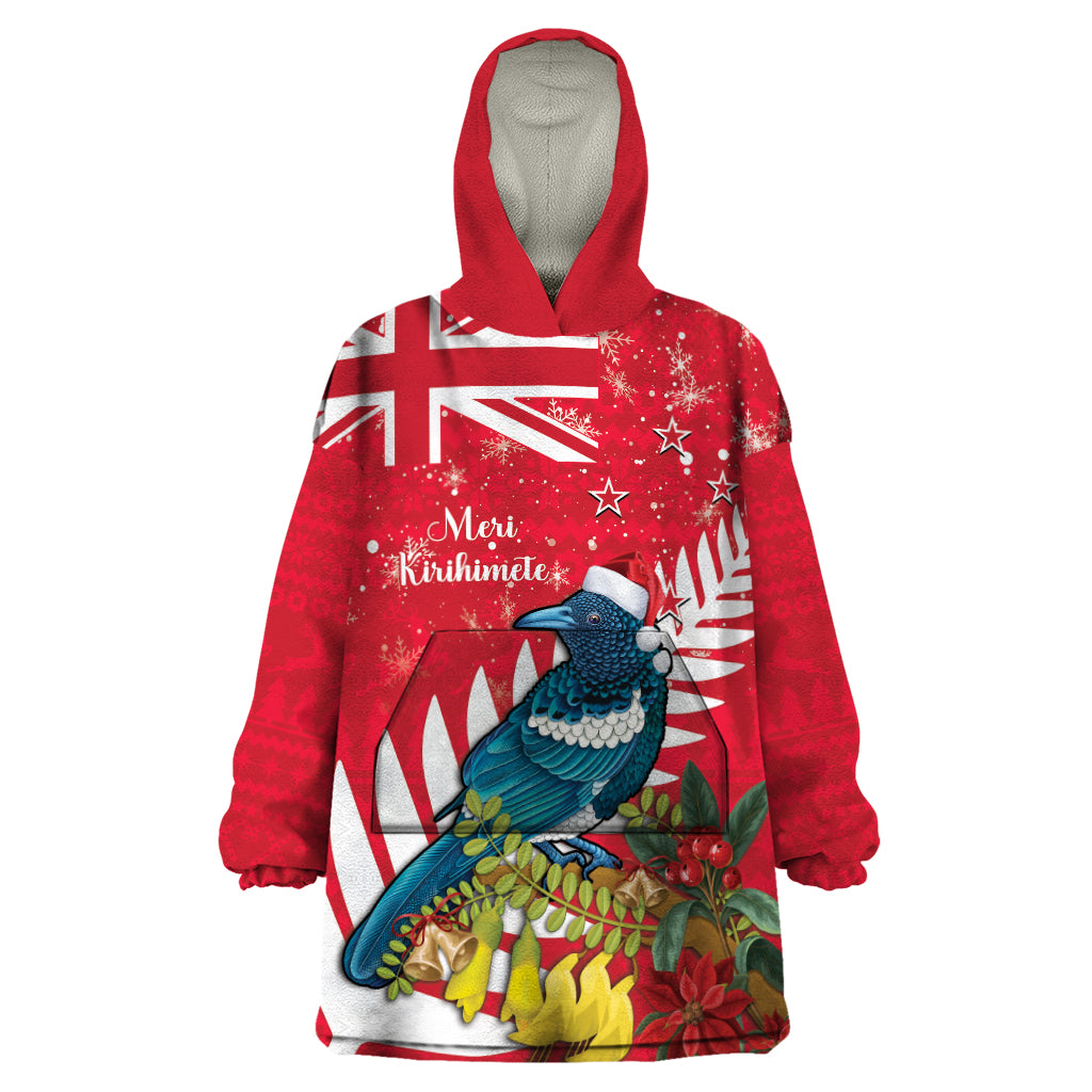 New Zealand Christmas In July Wearable Blanket Hoodie Tui Bird With Kowhai Meri Kirihimete - Vibe Hoodie Shop