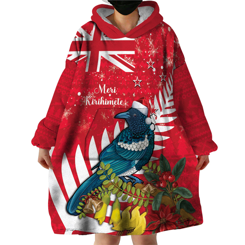 New Zealand Christmas In July Wearable Blanket Hoodie Tui Bird With Kowhai Meri Kirihimete - Vibe Hoodie Shop