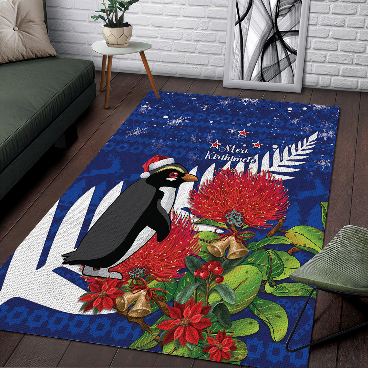 New Zealand Christmas In July Area Rug Fiordland Penguin With Pohutukawa Flower - Vibe Hoodie Shop