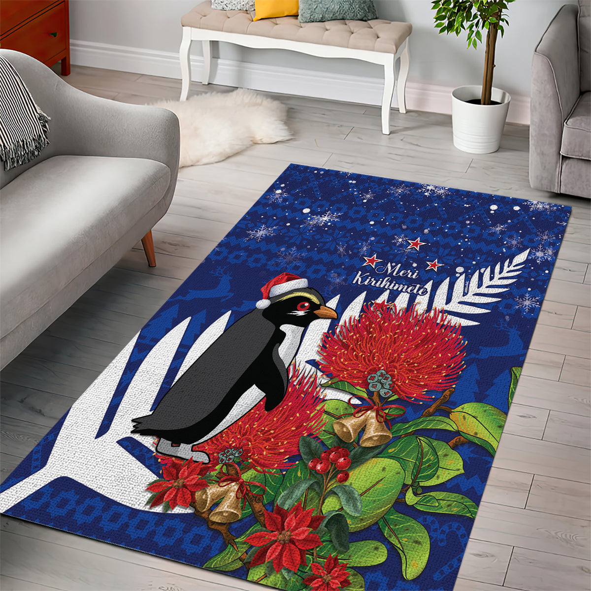 New Zealand Christmas In July Area Rug Fiordland Penguin With Pohutukawa Flower - Vibe Hoodie Shop