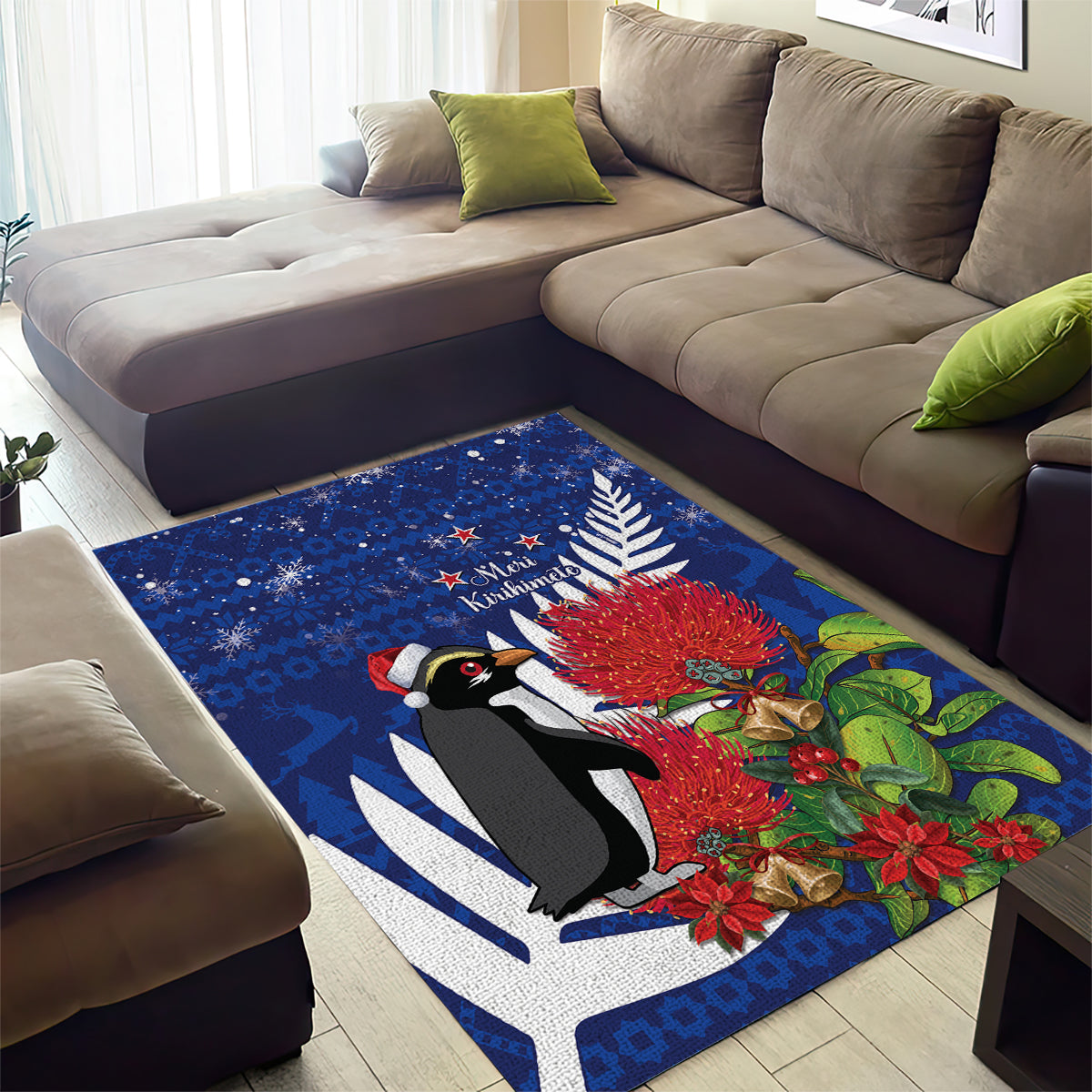 New Zealand Christmas In July Area Rug Fiordland Penguin With Pohutukawa Flower - Vibe Hoodie Shop