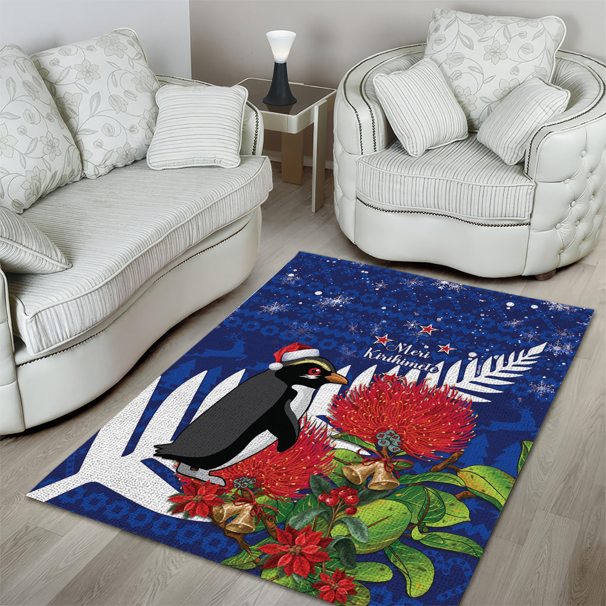 New Zealand Christmas In July Area Rug Fiordland Penguin With Pohutukawa Flower - Vibe Hoodie Shop