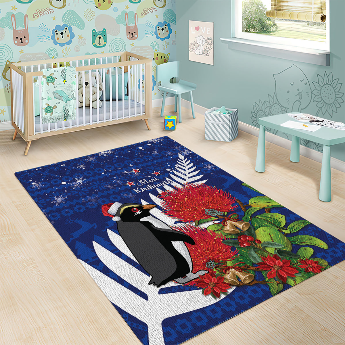 New Zealand Christmas In July Area Rug Fiordland Penguin With Pohutukawa Flower - Vibe Hoodie Shop