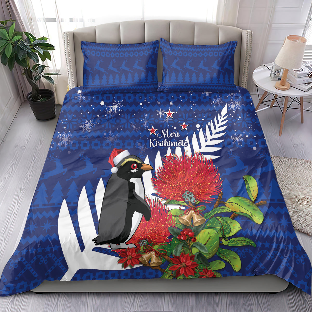 New Zealand Christmas In July Bedding Set Fiordland Penguin With Pohutukawa Flower - Vibe Hoodie Shop