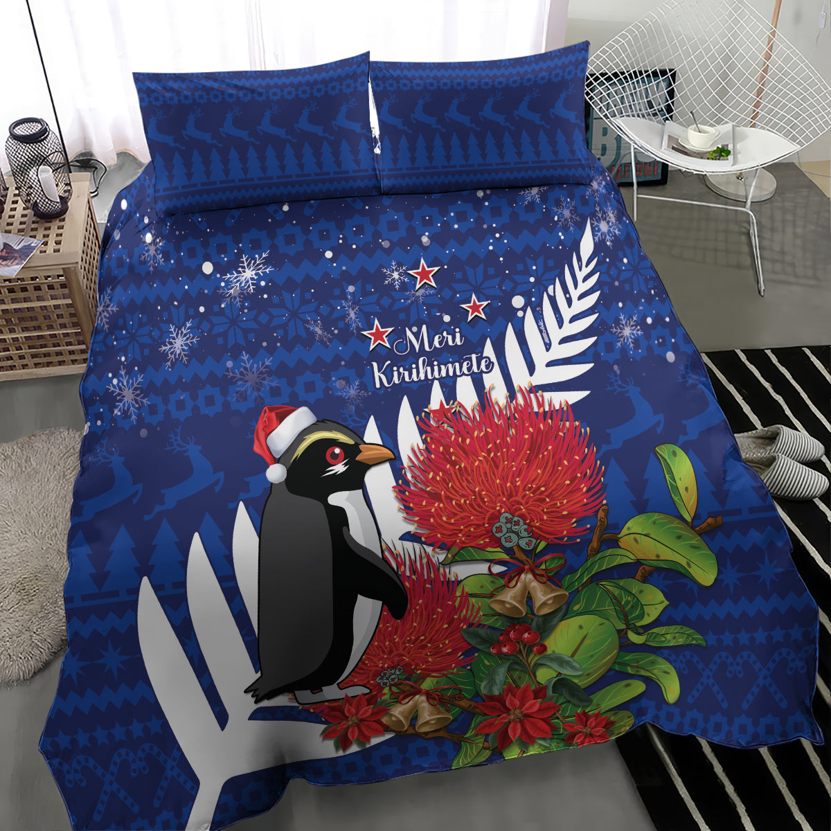 New Zealand Christmas In July Bedding Set Fiordland Penguin With Pohutukawa Flower - Vibe Hoodie Shop