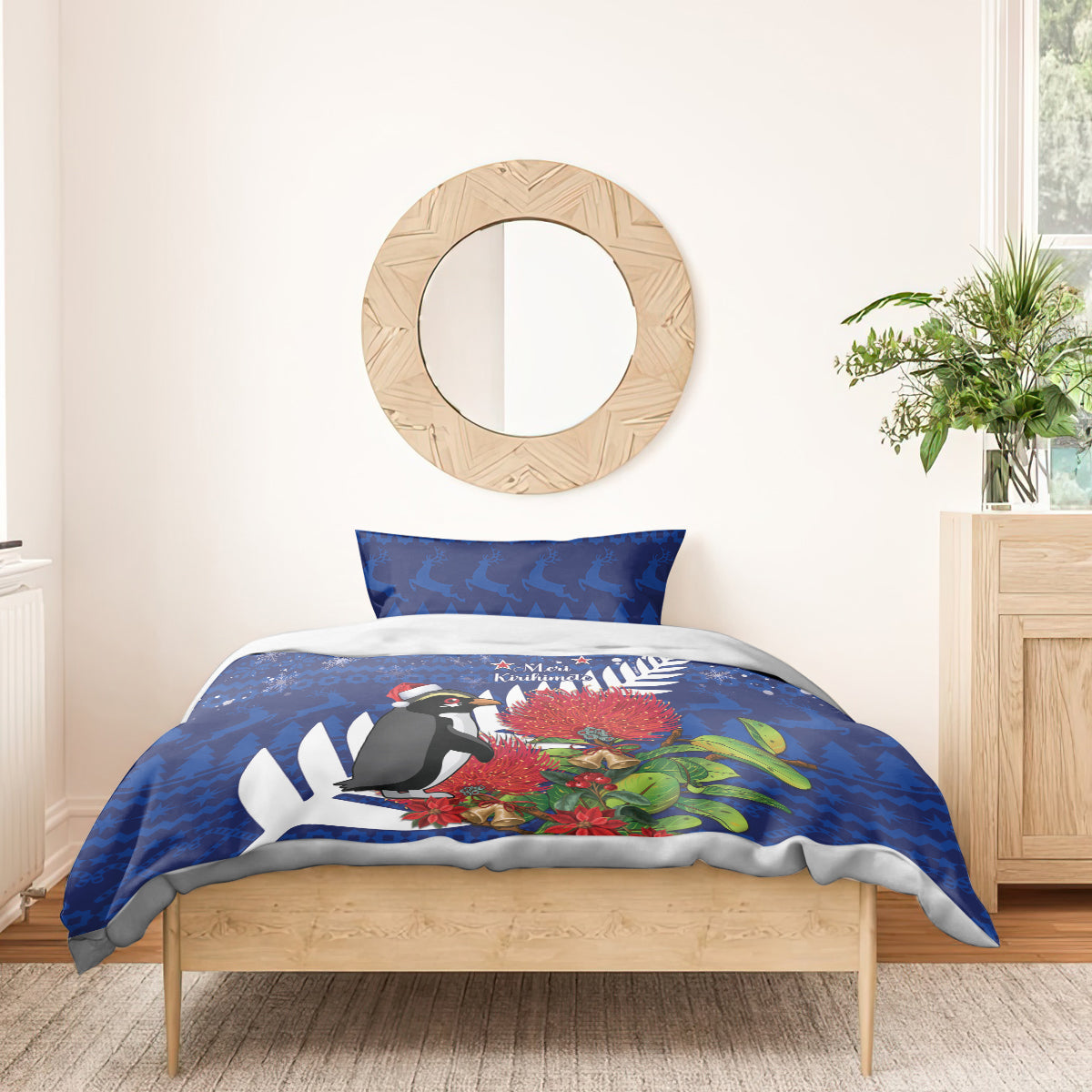 New Zealand Christmas In July Bedding Set Fiordland Penguin With Pohutukawa Flower - Vibe Hoodie Shop