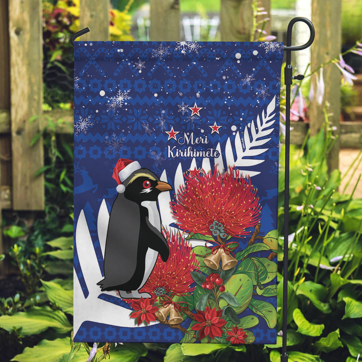 New Zealand Christmas In July Garden Flag Fiordland Penguin With Pohutukawa Flower - Vibe Hoodie Shop