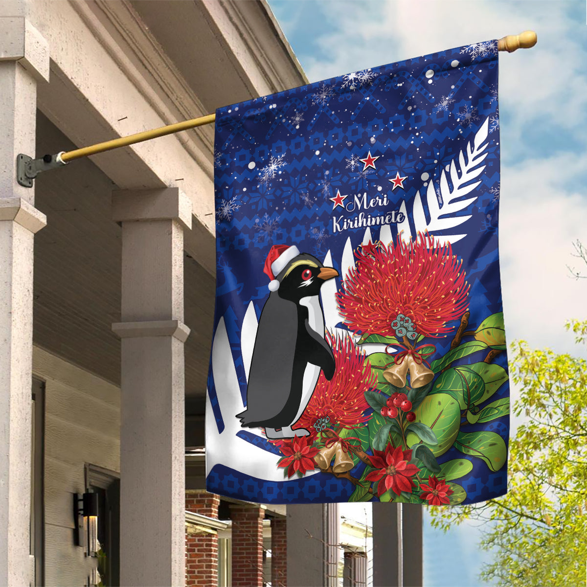 New Zealand Christmas In July Garden Flag Fiordland Penguin With Pohutukawa Flower - Vibe Hoodie Shop