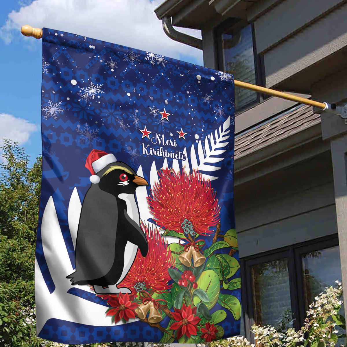 New Zealand Christmas In July Garden Flag Fiordland Penguin With Pohutukawa Flower - Vibe Hoodie Shop