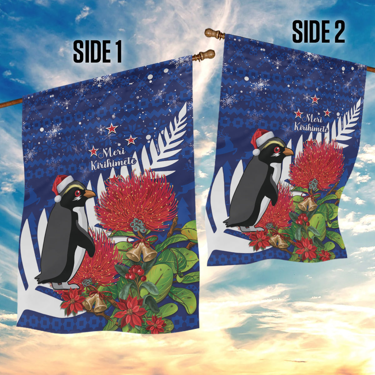 New Zealand Christmas In July Garden Flag Fiordland Penguin With Pohutukawa Flower - Vibe Hoodie Shop