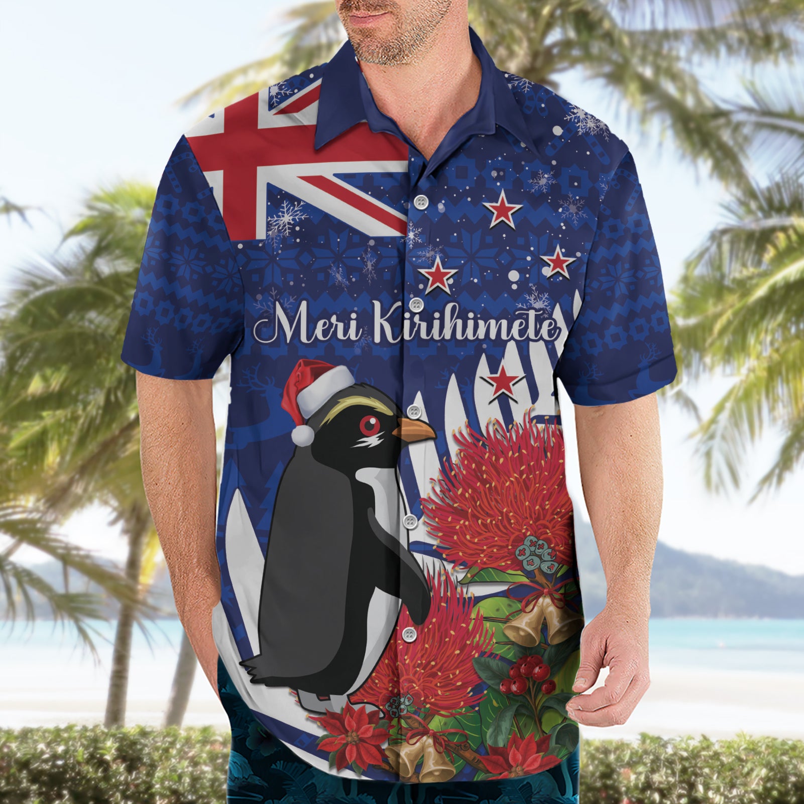 New Zealand Christmas In July Hawaiian Shirt Fiordland Penguin With Pohutukawa Flower - Vibe Hoodie Shop