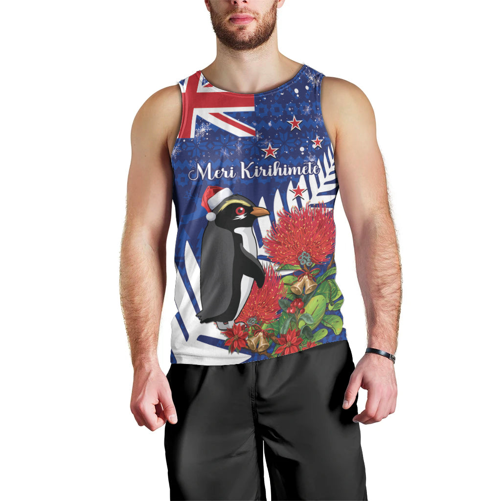 New Zealand Christmas In July Men Tank Top Fiordland Penguin With Pohutukawa Flower - Vibe Hoodie Shop