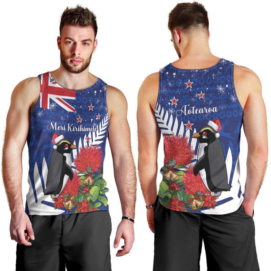 New Zealand Christmas In July Men Tank Top Fiordland Penguin With Pohutukawa Flower - Vibe Hoodie Shop