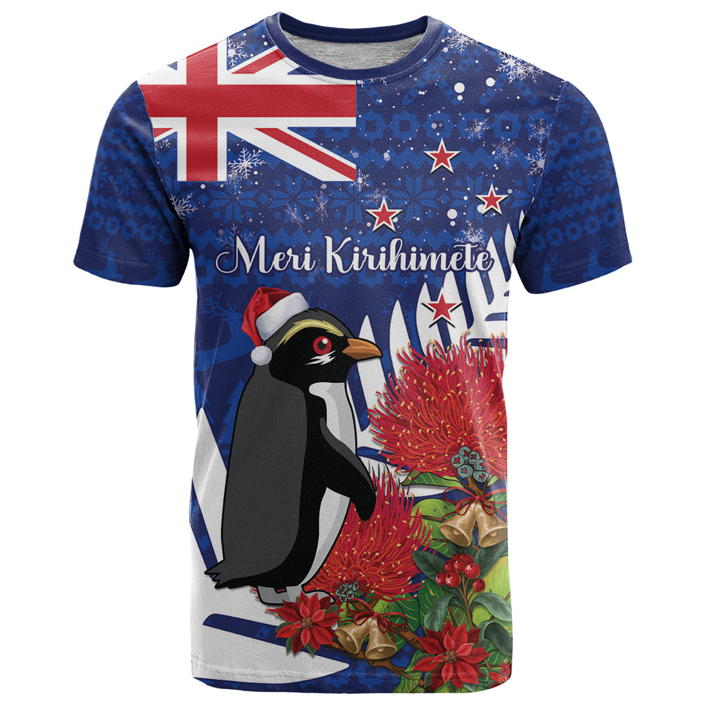 New Zealand Christmas In July T Shirt Fiordland Penguin With Pohutukawa Flower - Vibe Hoodie Shop