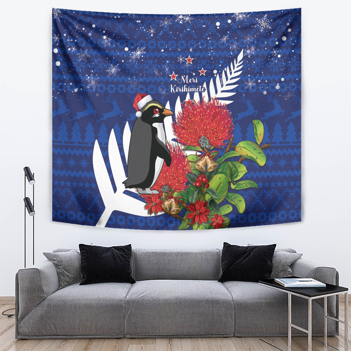 New Zealand Christmas In July Tapestry Fiordland Penguin With Pohutukawa Flower - Vibe Hoodie Shop