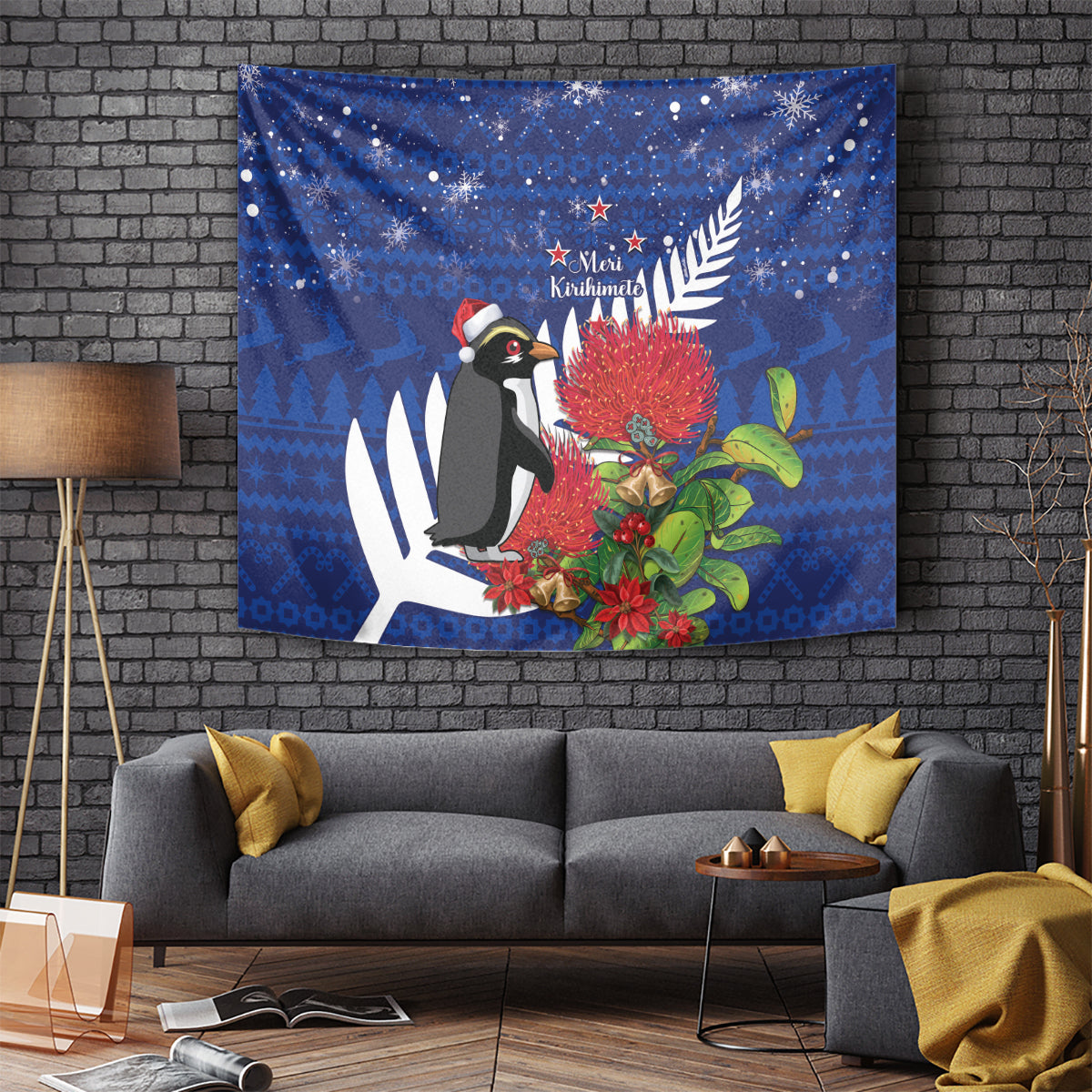 New Zealand Christmas In July Tapestry Fiordland Penguin With Pohutukawa Flower - Vibe Hoodie Shop