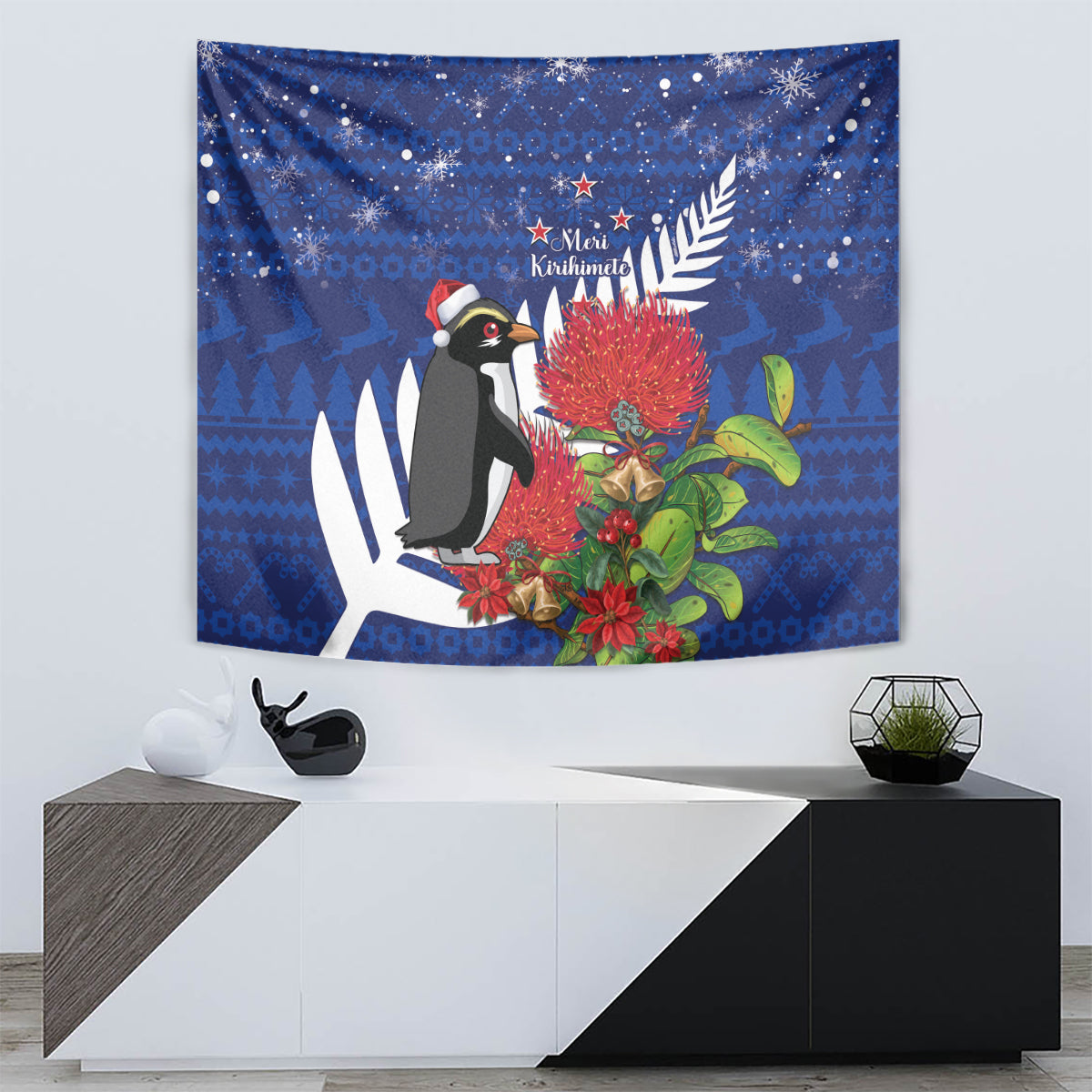 New Zealand Christmas In July Tapestry Fiordland Penguin With Pohutukawa Flower - Vibe Hoodie Shop