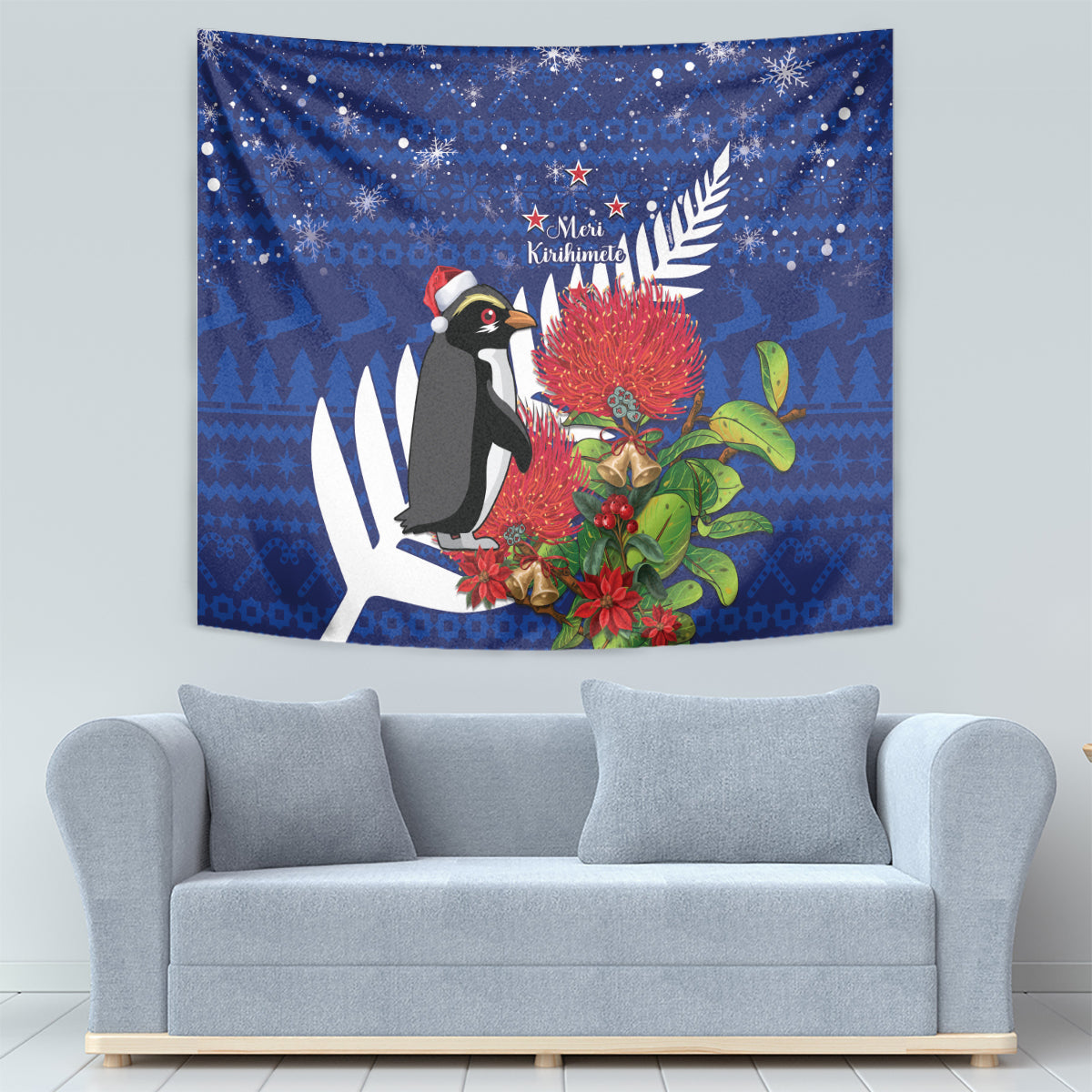 New Zealand Christmas In July Tapestry Fiordland Penguin With Pohutukawa Flower - Vibe Hoodie Shop