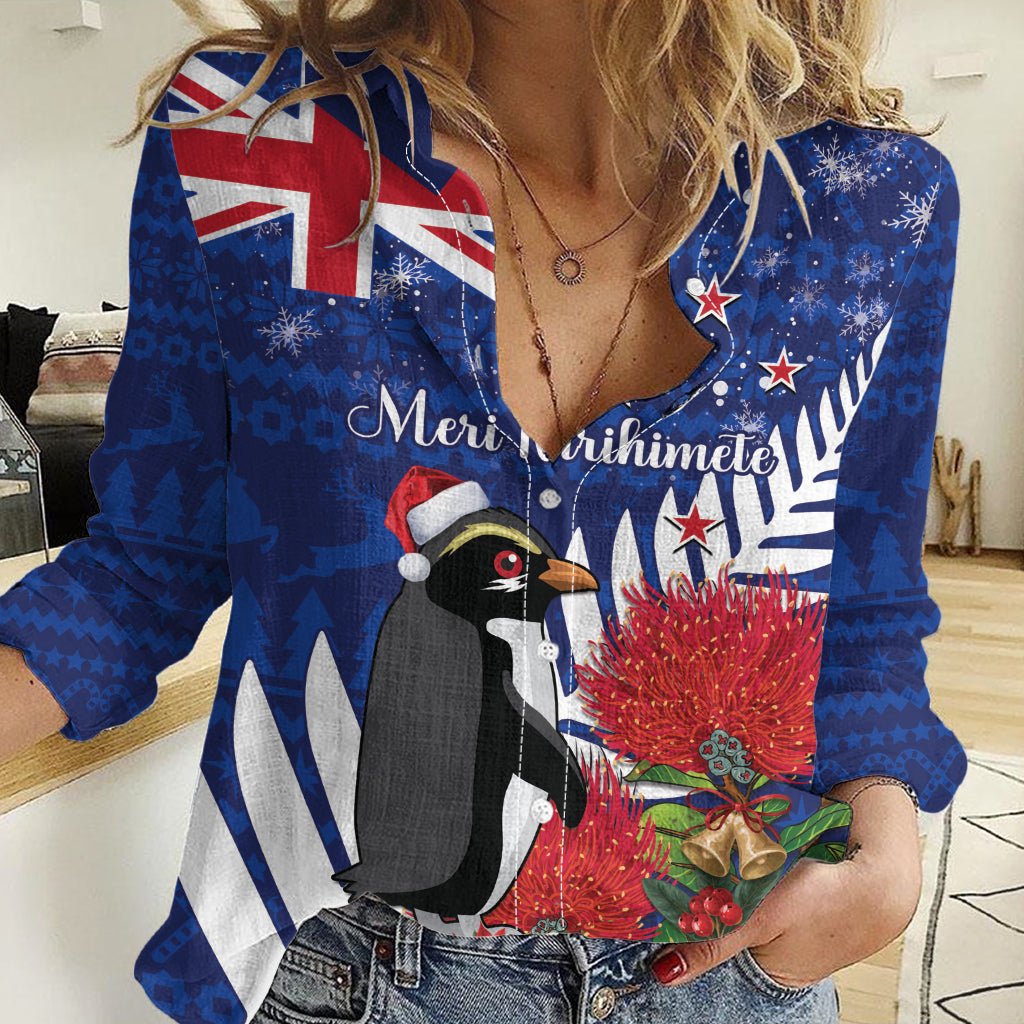 New Zealand Christmas In July Women Casual Shirt Fiordland Penguin With Pohutukawa Flower - Vibe Hoodie Shop