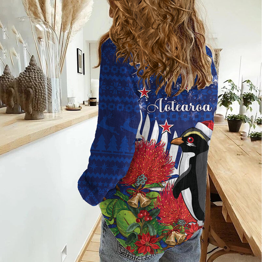 New Zealand Christmas In July Women Casual Shirt Fiordland Penguin With Pohutukawa Flower - Vibe Hoodie Shop