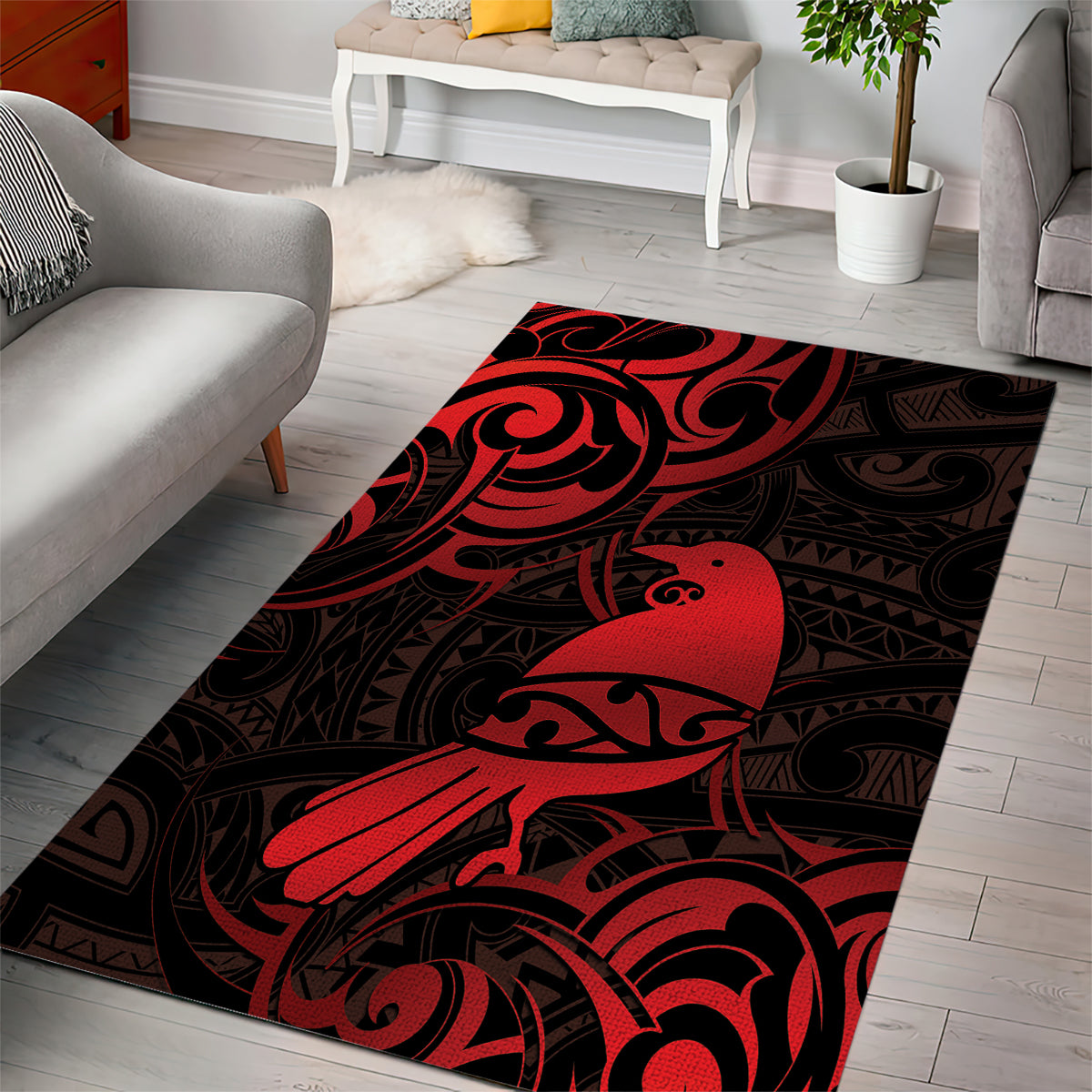 New Zealand Tui Bird Area Rug Aotearoa Maori Pattern - Red - Vibe Hoodie Shop