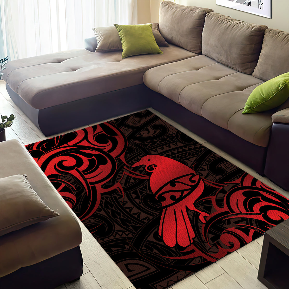 New Zealand Tui Bird Area Rug Aotearoa Maori Pattern - Red - Vibe Hoodie Shop