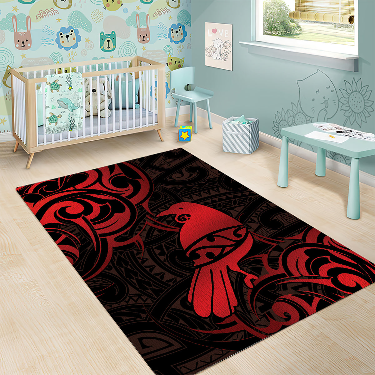 New Zealand Tui Bird Area Rug Aotearoa Maori Pattern - Red - Vibe Hoodie Shop