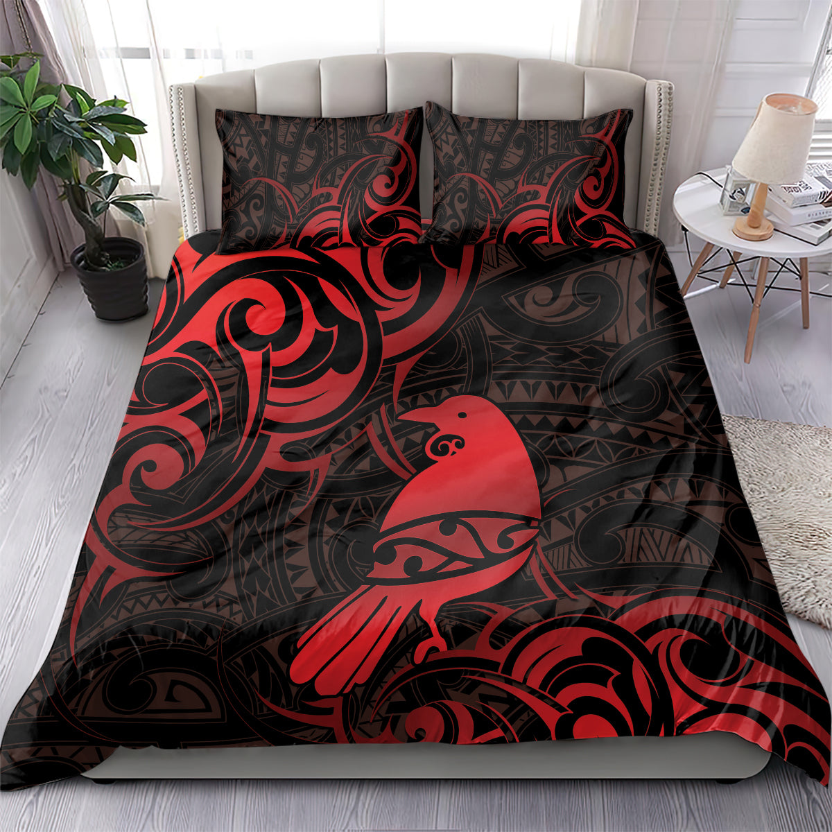 New Zealand Tui Bird Bedding Set Aotearoa Maori Pattern - Red - Vibe Hoodie Shop