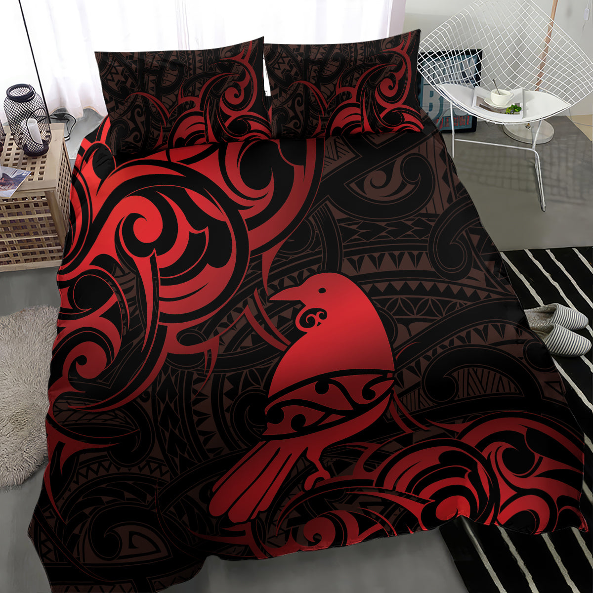 New Zealand Tui Bird Bedding Set Aotearoa Maori Pattern - Red - Vibe Hoodie Shop