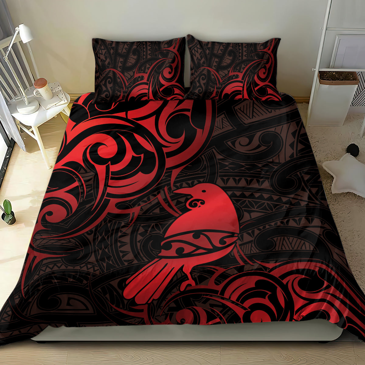 New Zealand Tui Bird Bedding Set Aotearoa Maori Pattern - Red - Vibe Hoodie Shop
