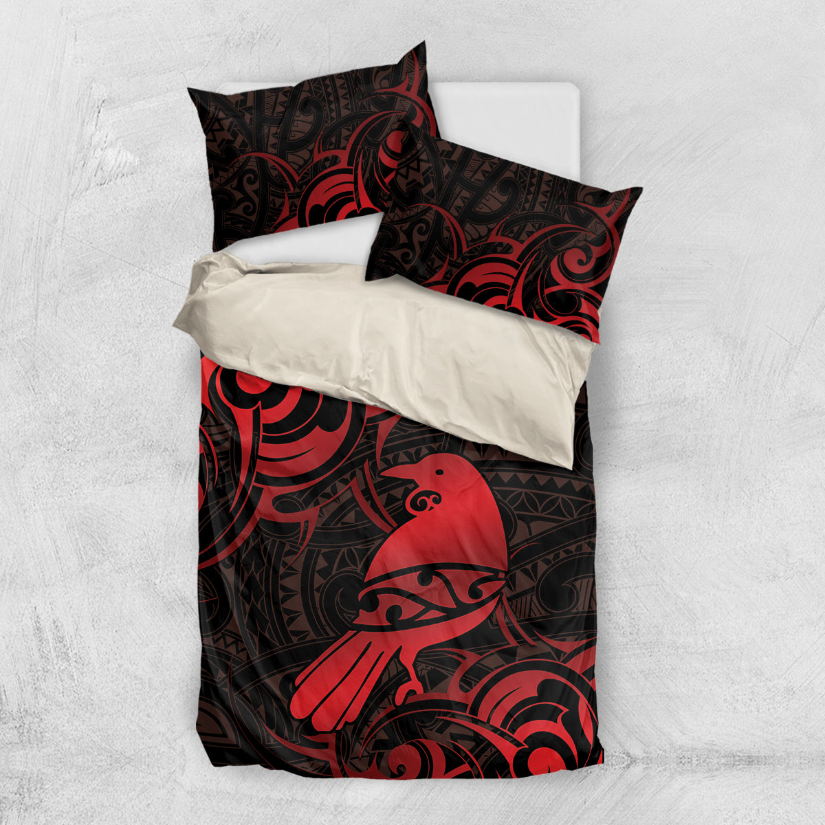 New Zealand Tui Bird Bedding Set Aotearoa Maori Pattern - Red - Vibe Hoodie Shop
